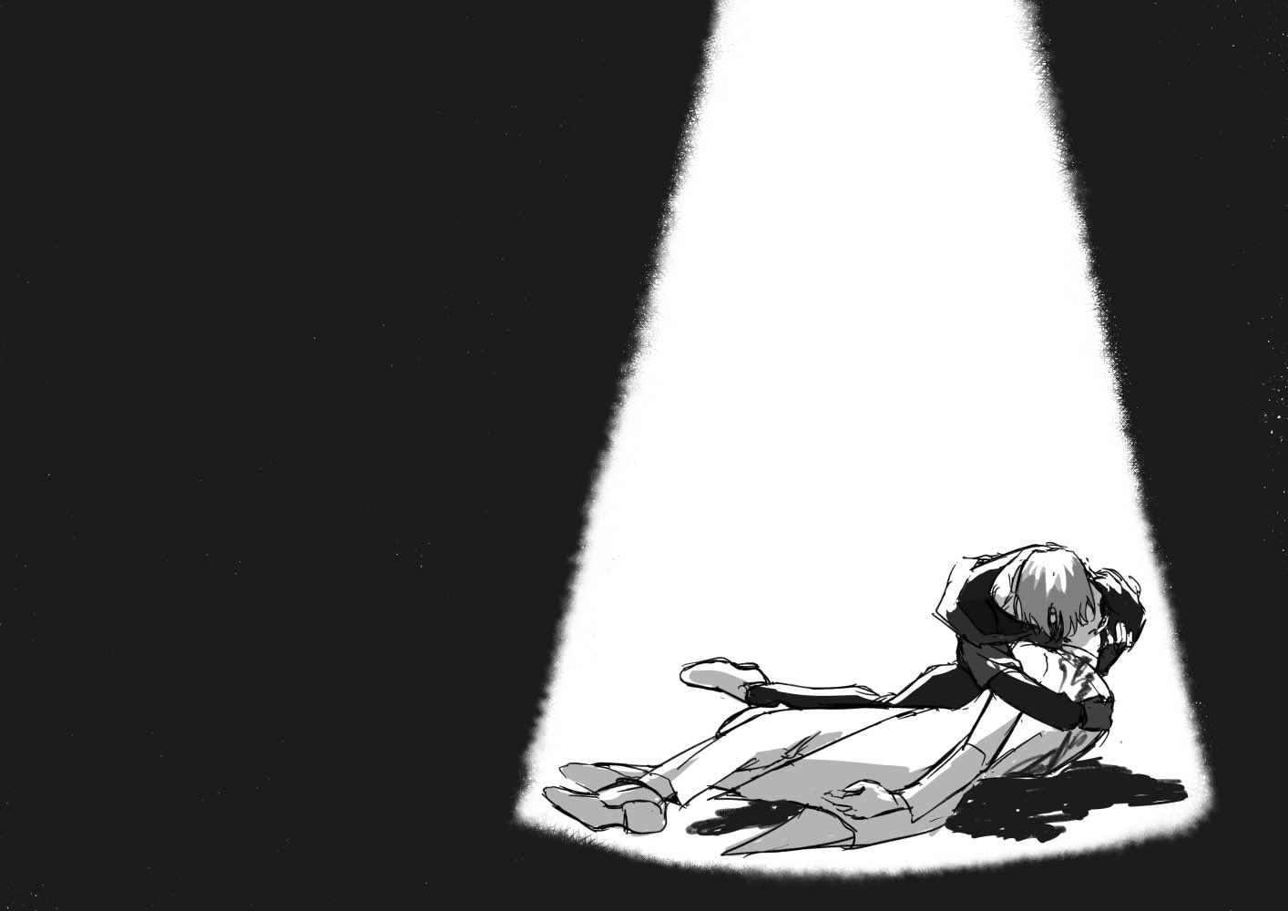 a black and white manga style illustration of a couple embracing in a spotlight. the couple is lying on the ground, with the woman on top of the man. the man's head is resting on the woman's shoulder. the scene is lit by a single spotlight, which creates a dramatic effect. the drawing style is simple and expressive, and the emotions of the couple are conveyed through their body language and facial expressions. the image is suggestive of a romantic relationship, with the couple's embrace expressing love, affection, and perhaps a bit of sadness. the black and white coloring scheme creates a sense of intimacy and mystery.