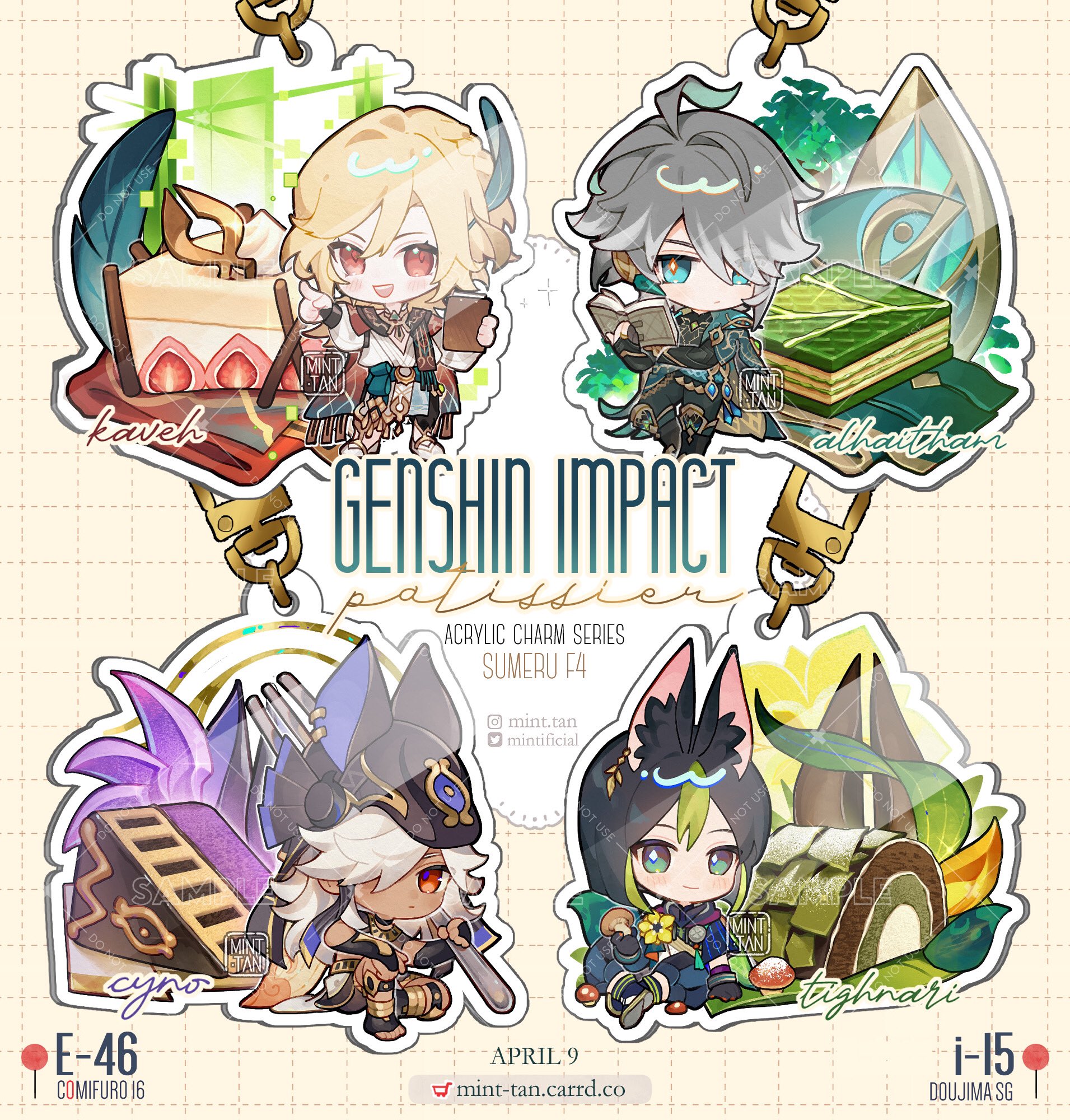 the image showcases four acrylic charms featuring characters from the video game genshin impact. each charm features a different character, namely kaveh, alhatthan, cyno, and tighnari. the charms are circular and have a transparent background, showcasing the characters against a backdrop of their respective elements and landscapes. they are arranged in a circular formation, with the text "genshin impact" and "patisserie acrylic charm series sumeru f4" prominently displayed in the center. the image highlights the adorable and collectible nature of these charms, with the text "e46" and "i15" indicating their respective numbers and indicating that they are products of the companies "comifuro 16" and "doujima sg," respectively.
