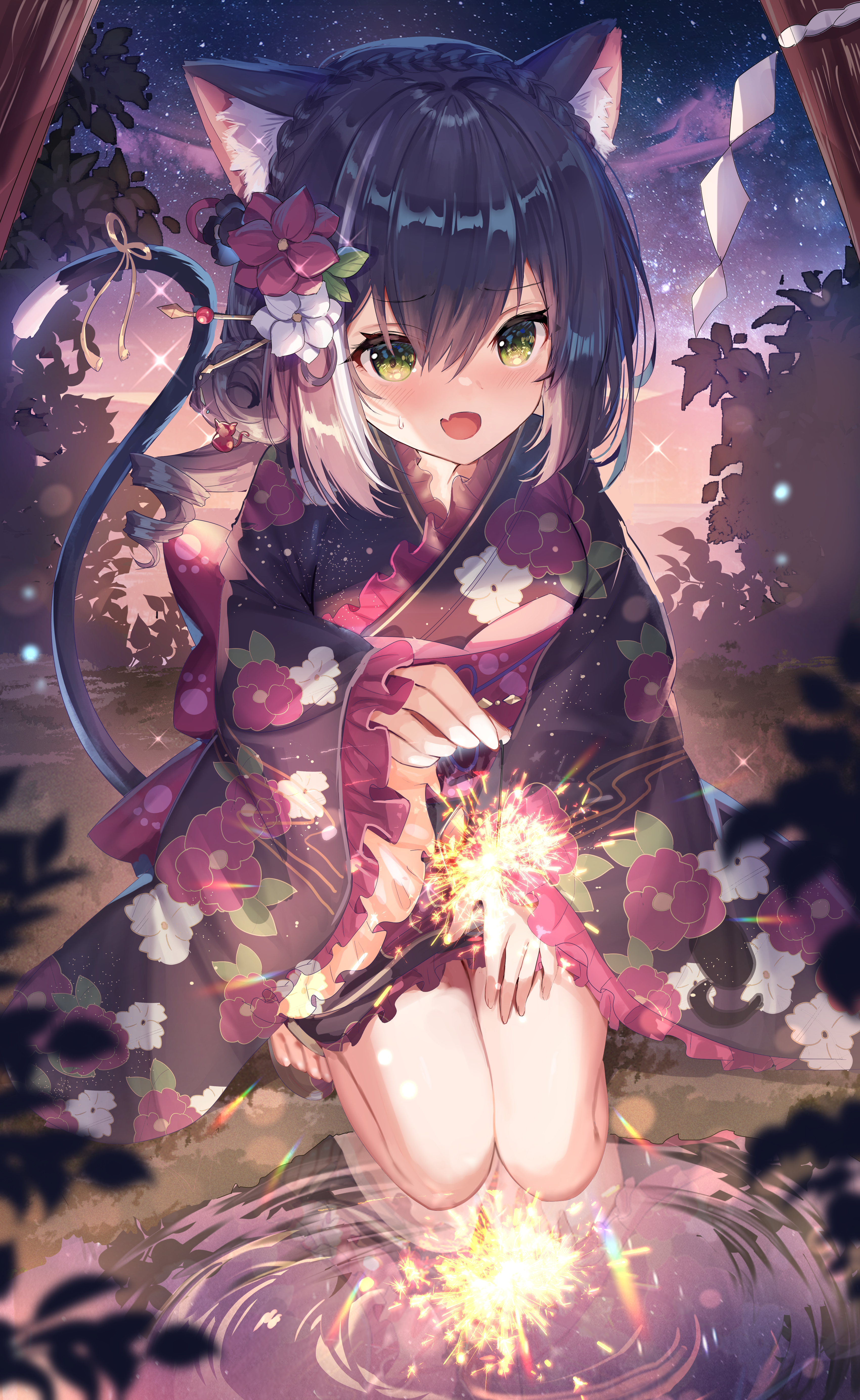 the image is a digital illustration of a cute anime girl with cat ears. she's wearing a dark purple yukata (a casual summer kimono) adorned with pink and white floral patterns.  the setting appears to be a summer evening near water, under a starry sky. she's kneeling by the water's edge, playfully lighting and holding sparklers, which are creating bright, colorful reflections on the surface of the water. the overall mood is whimsical and enchanting, with soft lighting and a focus on the girl's adorable expression. the artistic style is highly detailed, with attention to both character design and environmental details. the background includes trees and night sky adding to the atmospheric effect.