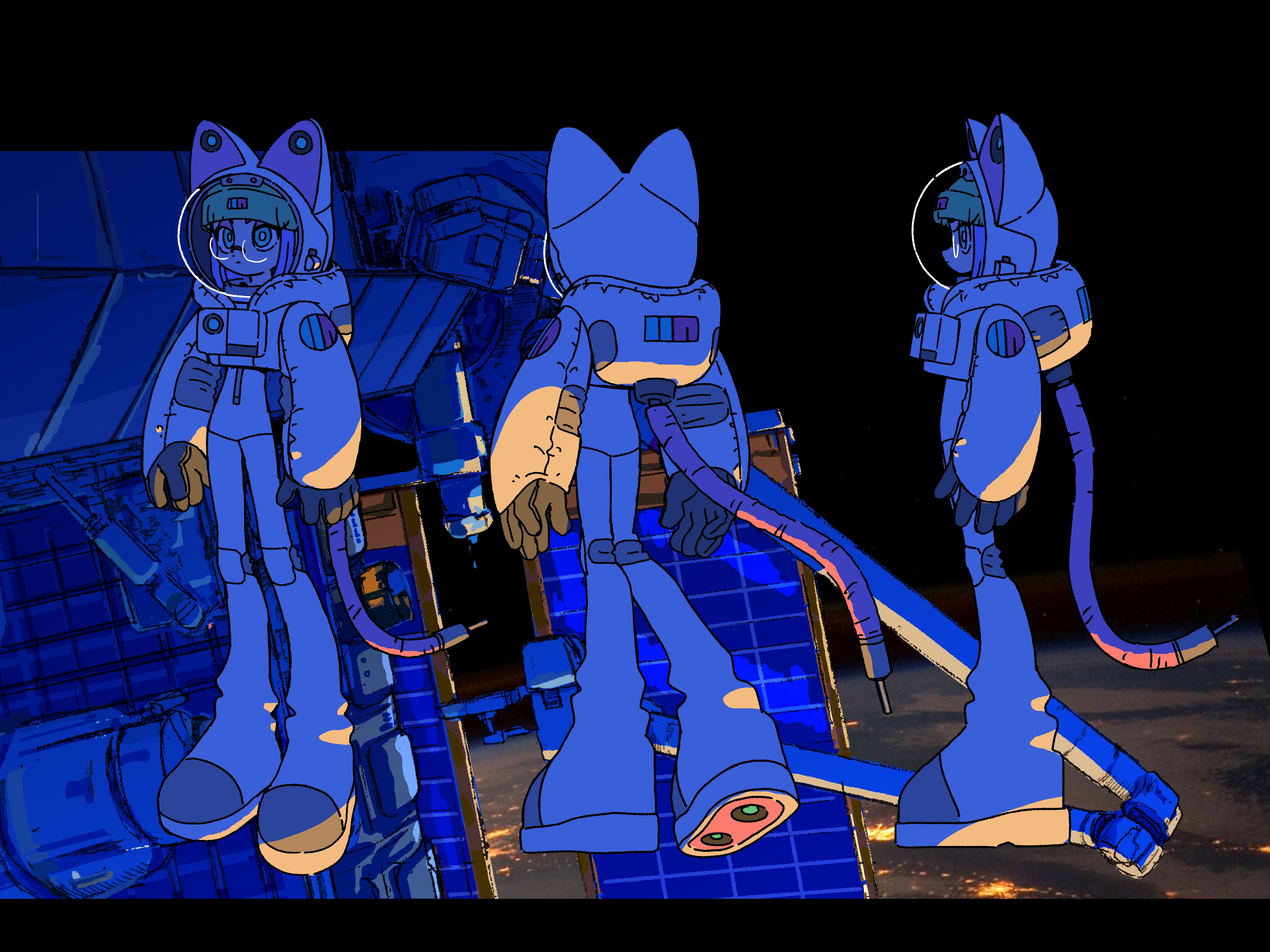 a cartoon girl wearing a blue astronaut suit with catlike ears is standing in front of the international space station. the girl is facing the viewer, her back to the viewer, and facing sideways in three different poses. the background is dark with the earth in the distance. the overall color scheme consists of various shades of blue and purple.