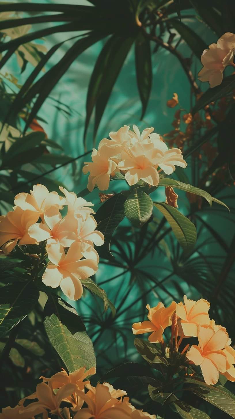 a closeup shot of delicate, pale yellow plumeria flowers (also known as frangipani) nestled amongst lush, green tropical foliage. the background is a muted teal, and dappled sunlight creates soft shadows on the leaves and flowers. the overall mood is serene and evokes a sense of summer and exotic beauty.