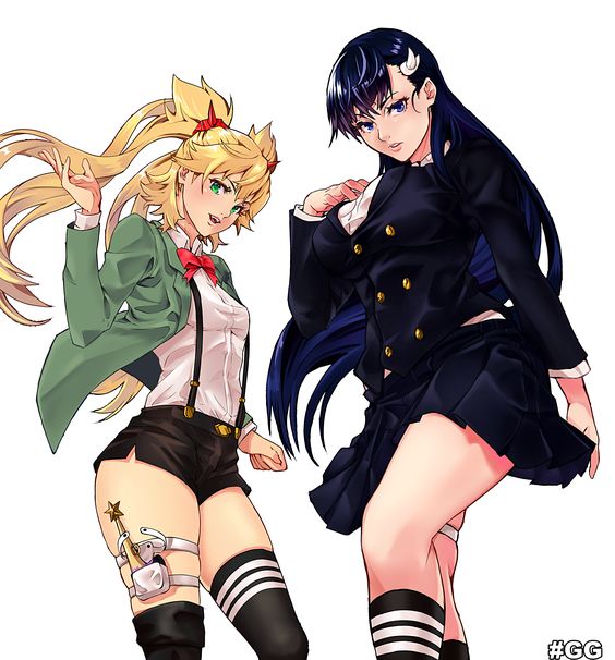 this is a digital illustration of two anime girls. the girl on the left is blond with long hair and she's wearing a green jacket, a white shirt with a red bow tie, a black skirt with suspenders and white stockings with black stripes. she's also holding a gun in her right hand. the girl on the right has blue hair and is wearing a black jacket, a white shirt, a black skirt, and white stockings with black stripes. she's posed with her right hand on her hip and her left hand is behind her, looking at the camera with a serious expression.