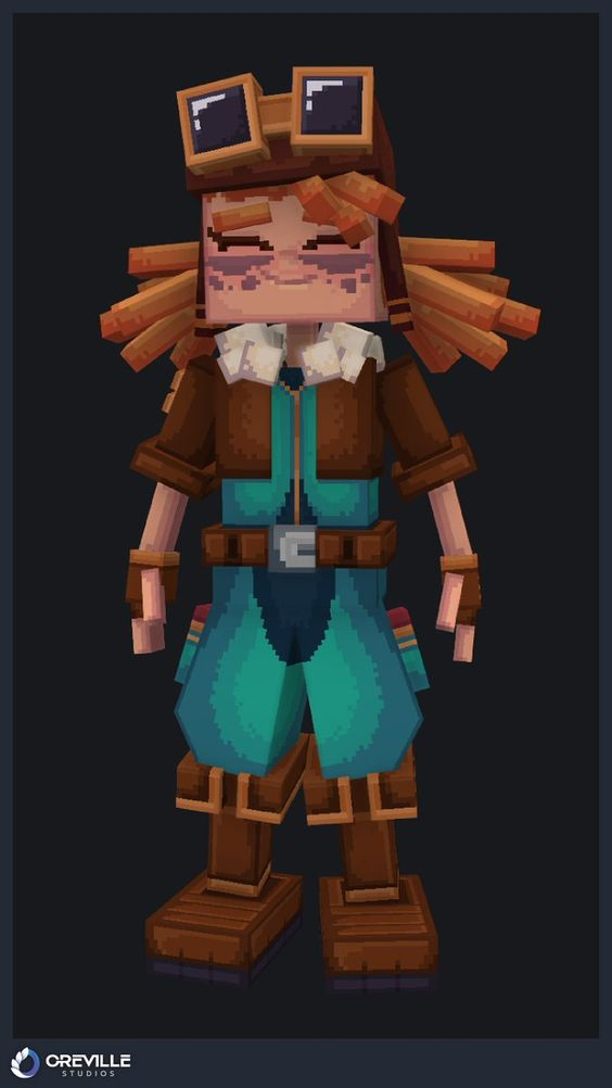 the image shows a 3d voxel model of a young female aviator with reddishblond hair wearing a brown leather aviator jacket, teal pants, brown boots, and brown aviator goggles.  she has a determined expression on her face. the background is dark gray.  the image is watermarked with the creville studios logo.