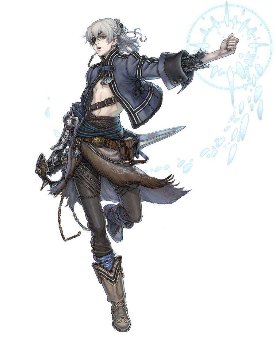 a young man in fantasy attire leaps forward. he is captured midmotion, his left arm outstretched as he conjures a glowing blue magical circle, shards of which are breaking away. his right hand rests on the ornate hilt of a sheathed sword at his hip. the character's attire suggests a blend of practicality and flair, with flowing fabrics and detailed accessories.