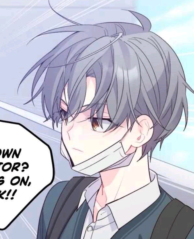 an animestyle image of a young man with gray hair and wearing a face mask, likely from a manhwa or manga. he has a backpack on and is dressed in a school uniform. the image includes a speech bubble on the side.