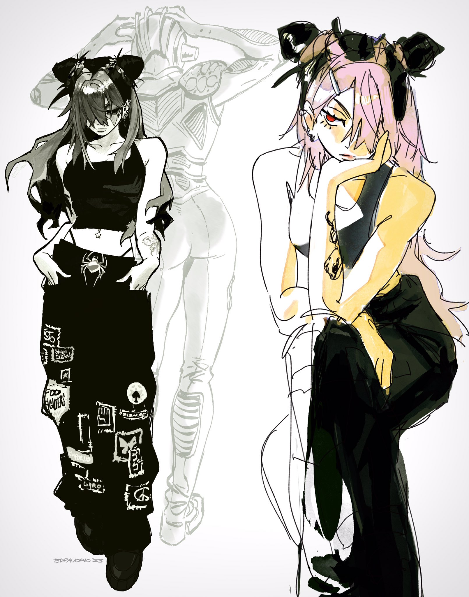 the image features a dynamic illustration or drawing of two distinct female characters, rendered in a style that blends anime/manga influences with a grungy, streetstyle aesthetic.the character on the left is dressed in all black, showcasing a punk/goth fashion sense complete with heavily patched cargo pants, a cropped tank top, and small hair clips. her expression is serious and somewhat intense.  she stands with a confident posture.the character on the right possesses a softer, more whimsical quality.  she sports pink hair styled with decorative hair clips and is dressed in darker, sleek clothing, leaning towards a more subdued yet stylish look than the other girl. her posture is more relaxed, almost contemplative.in the background, a faintly sketched figure resembling a person in a futuristic suit is visible, suggesting a possible connection or setting. the overall artistic style is expressive and loose, using bold lines and shading, with visible brushstrokes or digital paint effects that contribute to its unique aesthetic appeal. the color palette is primarily monochrome, punctuated with areas of pale yellowish highlights on the second girl, enhancing the contrast and focus.