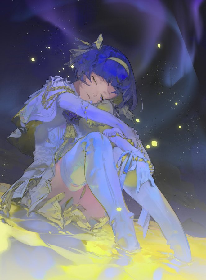 the image features a young, bluehaired anime girl in a flowing white dress, sleeping peacefully amidst a magical aurora borealis. her pose is curled up, with arms wrapped around her legs. the lighting is soft and dreamlike, with a luminous glow emanating from her and the surrounding environment. the overall atmosphere is serene, ethereal, and imbued with a sense of wonder.