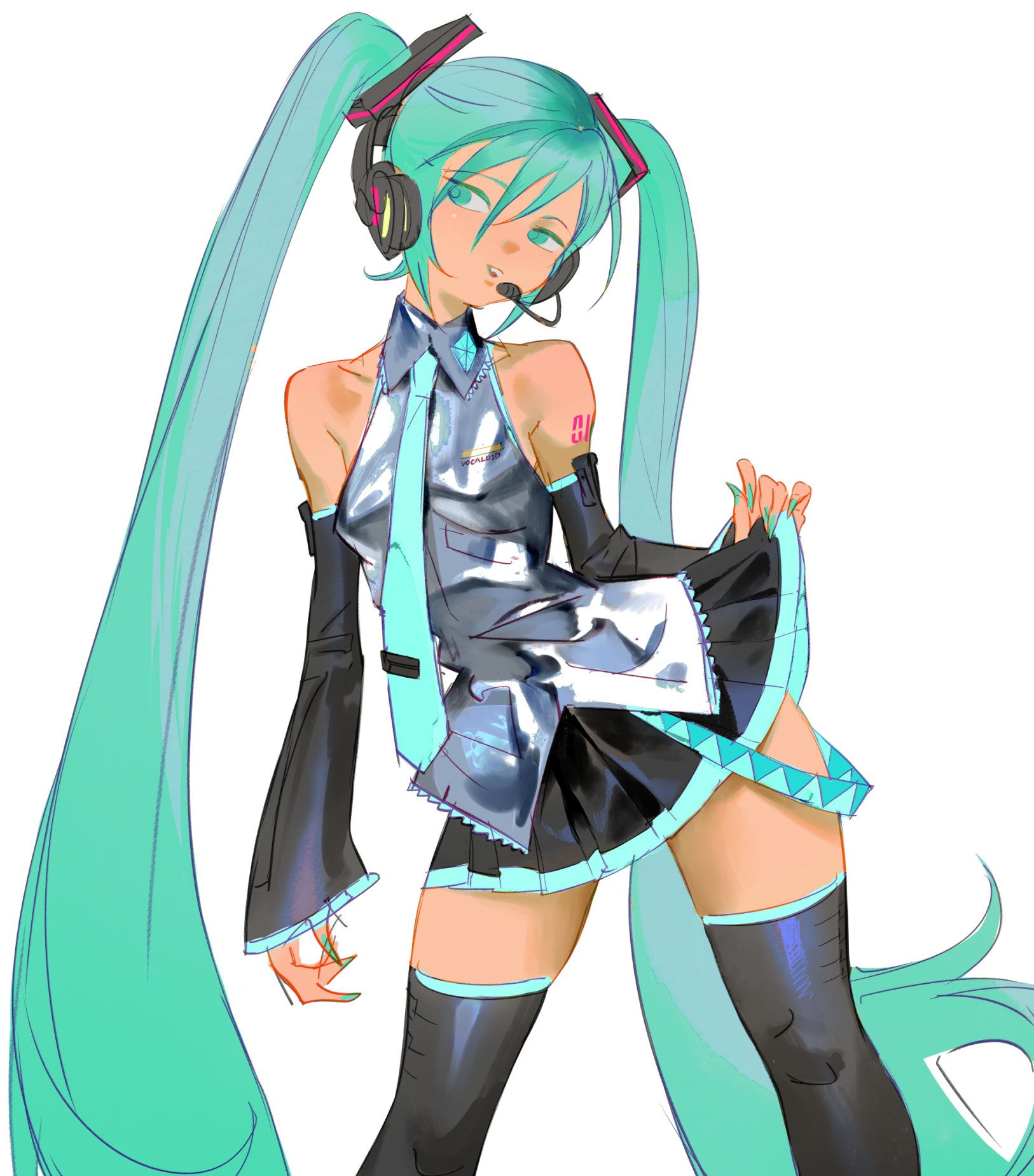 an anime girl with long, flowing turquoise hair is smiling and looking at the camera. she is wearing a white shirt with a black skirt and white socks. she has a black headset on with a microphone.  the background is white.