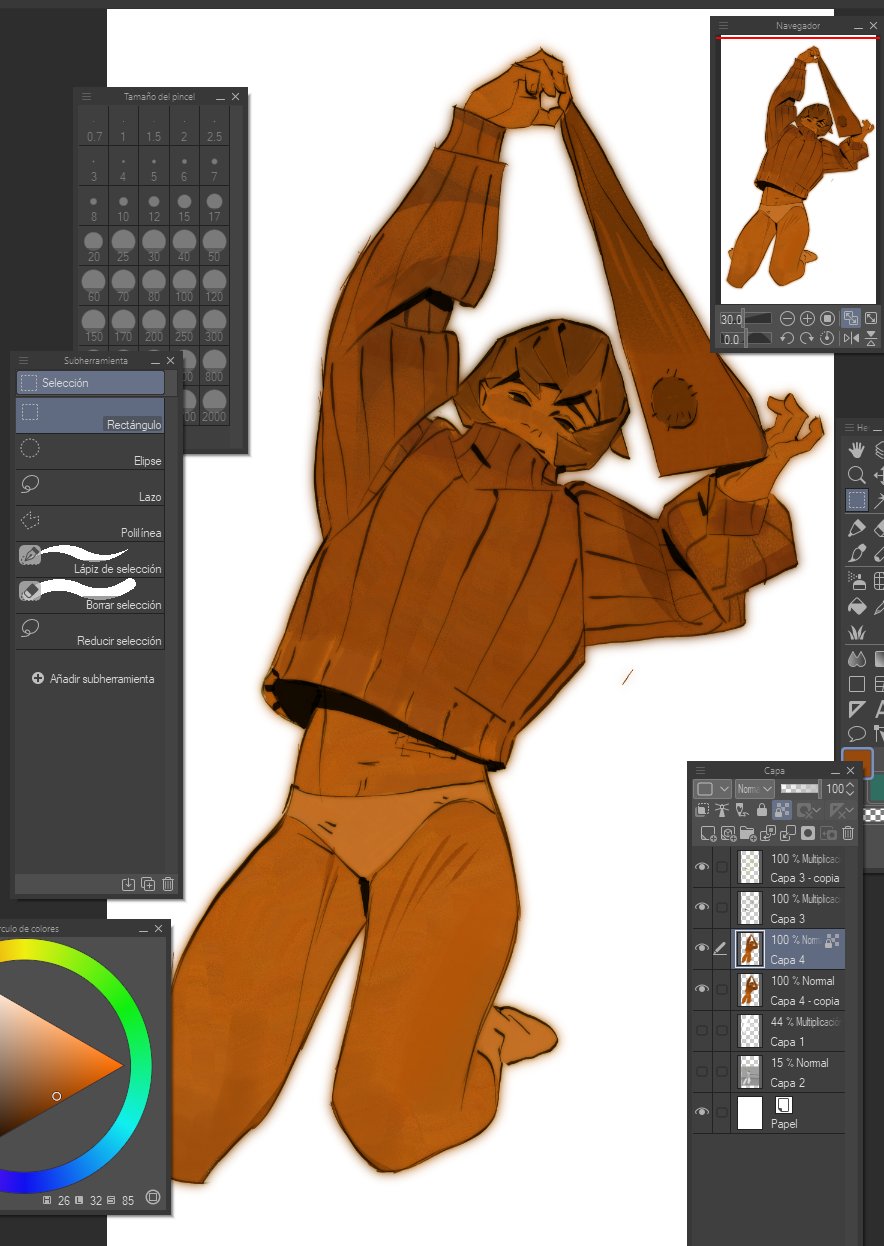 the image shows a digital painting in progress, likely created in adobe photoshop. the central focus is a female character kneeling, depicted in warm orange hues, wearing a sweater and underwear. she's holding up a piece of clothing above her. surrounding the main artwork are various interface elements from the software, including a color palette, selection tools, layers panel (showing multiple layers), and a smaller preview image of a similar pose possibly from a reference image or previous version.  the overall style is stylized and illustrative rather than photorealistic. the interface elements highlight the digital painting process.