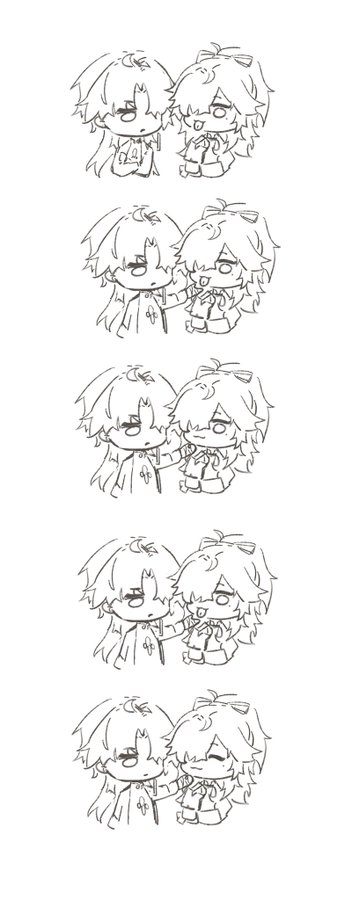 this image is a collection of five handdrawn sketches depicting chibistyle anime characters. each sketch features two characters, seemingly couples, in various poses. the characters are all drawn in a simple, stylized manner with exaggerated features and rounded bodies. the sketches are done in a minimalist style using black ink or pencil on a white background. each couple is drawn in a different pose, and it appears as though the characters are interacting with each other in various ways. the image conveys a sense of playfulness and affection.
