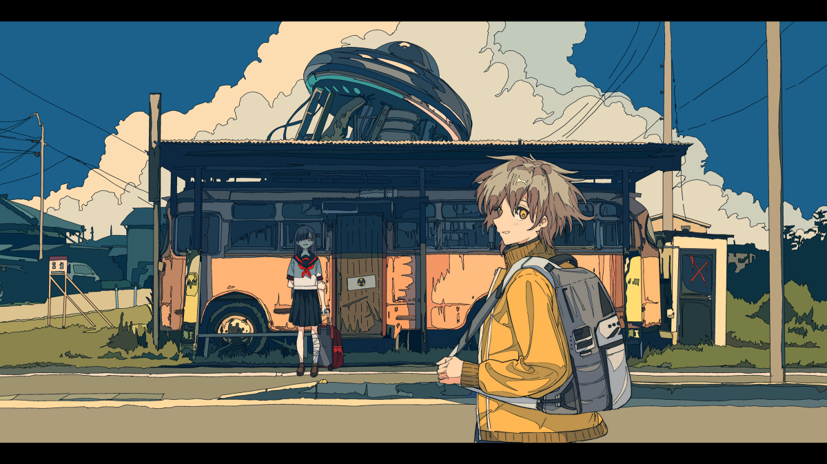 the illustration depicts an animestyle scene. a young girl in a school uniform is standing at a bus stop, waiting. an old, dilapidated bus is parked nearby, and a large, dark ufo hovers in the sky behind it. the background features a quaint town with houses and power lines, creating a somewhat mysterious and atmospheric setting.  the art style is stylized and uses a limited color palette. the overall mood is melancholic and contemplative.