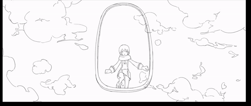 a black and white line art drawing of a girl standing in a window frame. the girl is wearing a long coat and has her hair tied up in a ponytail.  she is surrounded by simple drawings of clouds.