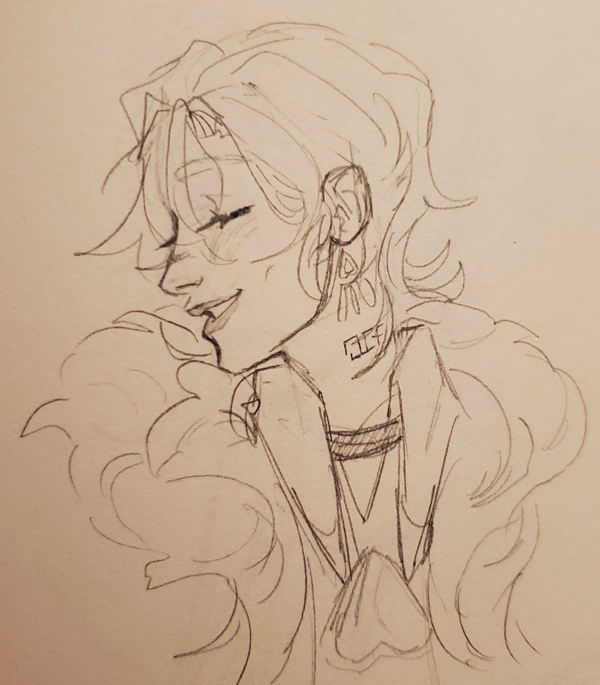 this is a line drawing of a person, possibly a character from an anime or manga. the person is drawn in a semirealistic style and features a flowing hairstyle and clothing, with a focus on detail in the face, particularly the smile. the person is wearing a fur collar and has tattoos on their neck.