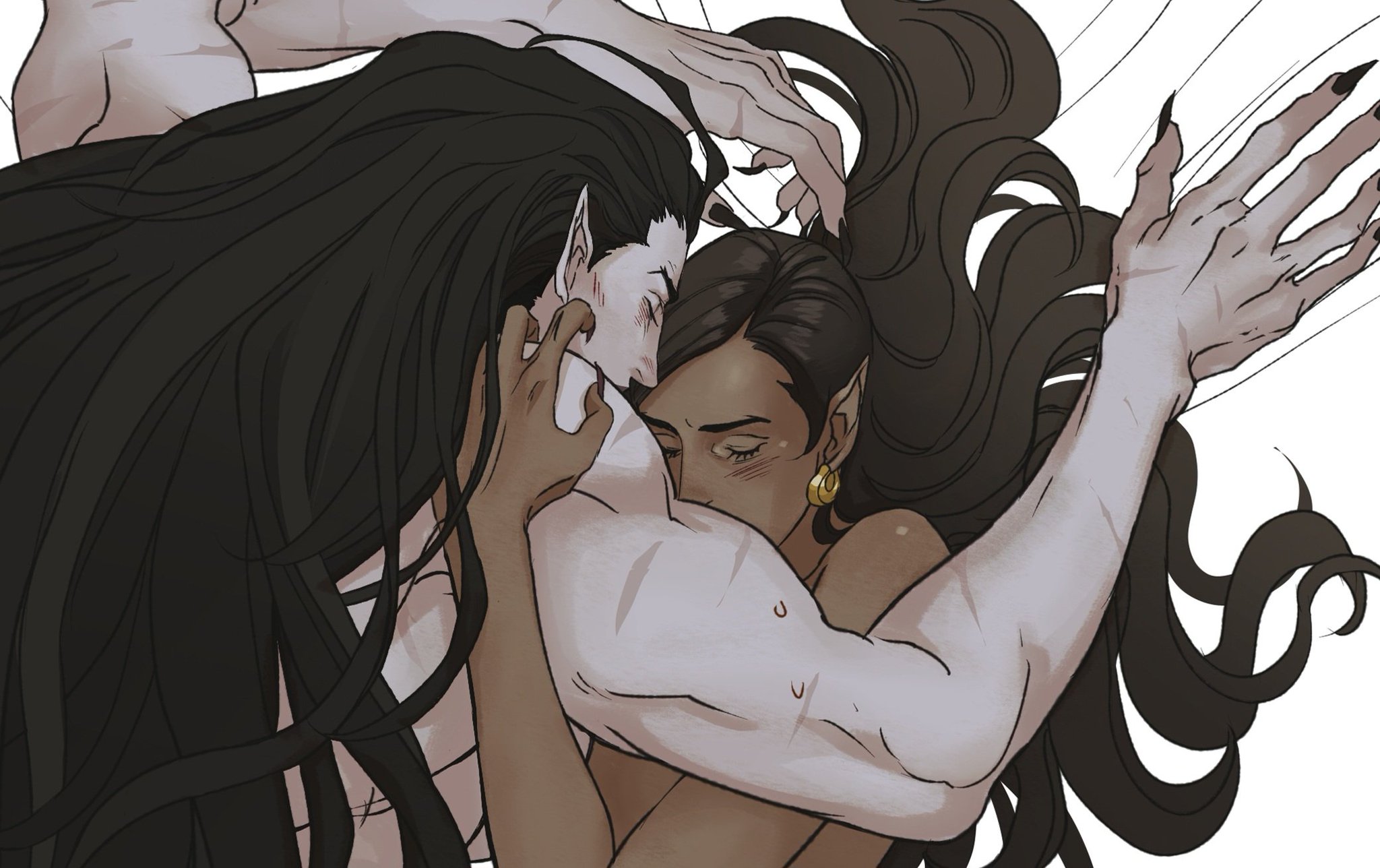 illustration of two people embracing each other, one with long black hair, elf ears, and fangs, and the other with brown skin, elf ears, and a gold earring. they are both muscular and appear to be in love. the illustration is done in a cartoon style.