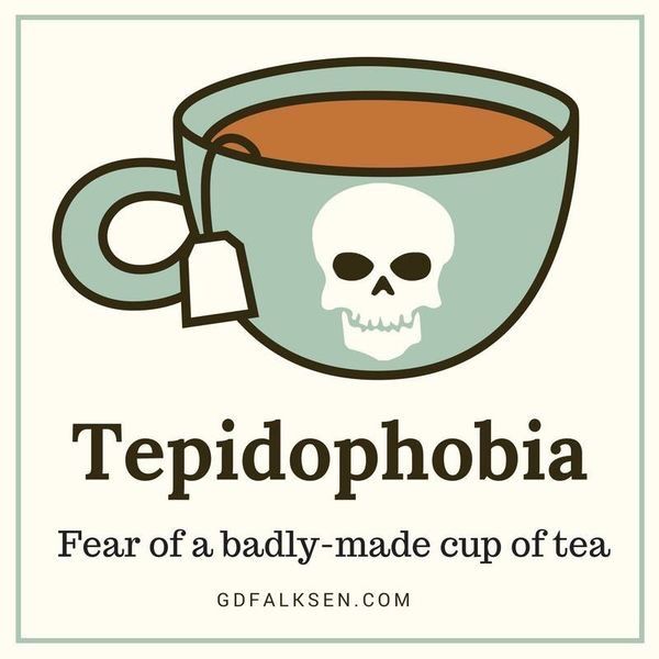 the image is a humorous illustration defining "tepidophobia" as the fear of a badlymade cup of tea. the illustration features a light blue teacup filled with brown tea. a teabag is attached to the cup's handle, and a white skull is printed on the front of the cup. the word "tepidophobia" is written in large letters below the cup, and the definition is written beneath it. the illustration is designed in a cartoon style and is set against a light beige background.