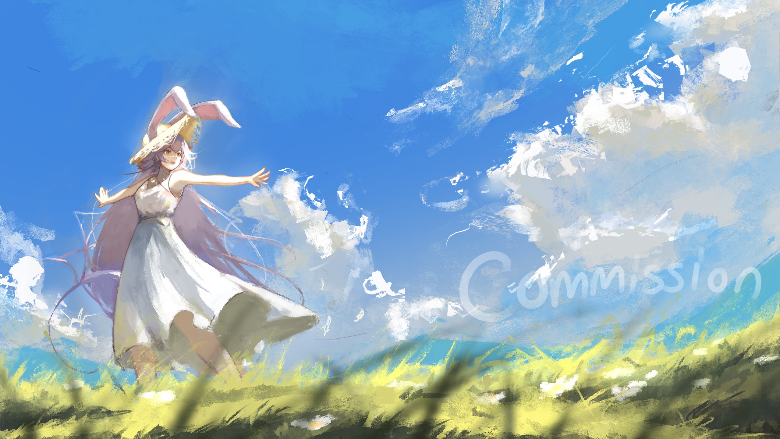 an animestyle illustration depicts a girl with long, flowing hair and bunny ears, wearing a white dress and straw hat, standing in a field with her arms outstretched against a backdrop of a blue sky with white clouds. the word "commission" is faintly written in the sky.