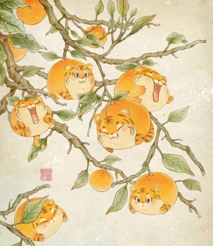 the image is an illustration of a tree branch filled with oranges and round, chubby tigers. the tigers are designed to resemble the shape and color of the oranges, with tiger stripes and cute facial expressions. the branch has leaves and the background is a light beige color.