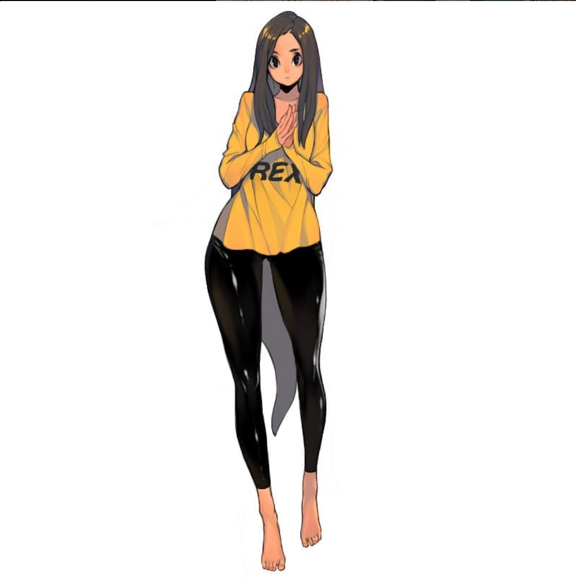 the image is a digital drawing of a young woman with long, dark brown hair. she is wearing a loosefitting, longsleeved yellow shirt with "rex" printed on it in black. she has on tight black leggings that accentuate her figure. the woman is barefoot and stands with her hands clasped in front of her. her expression is neutral, and she is looking directly at the viewer. the background is plain white, and the lighting on the woman is soft and diffused. the overall style of the drawing is animeinspired.