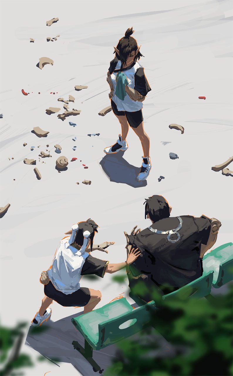he illustration shows three stylized animelike characters interacting in a sunny outdoor setting. one girl stands in the center, seemingly observing broken pieces scattered around her.  two others, a girl and a boy, are interacting in the foreground; the girl appears to be helping the boy who is seated on a bench.  the style suggests a lighthearted or playful scene, possibly narrating a small story. the background is simple, suggesting a park or outdoor area. the overall aesthetic leans towards a youthful, mangainfluenced style. the color palette is muted and warm, consistent with a sunny day.