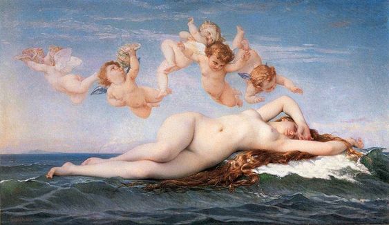 the painting depicts the birth of venus, the roman goddess of love and beauty. a nude venus lies serenely on a giant clam shell, afloat on a calm ocean. she is surrounded by playful cherubs who gently float in the air above her. the scene is bathed in soft, natural light, with a clear blue sky and fluffy white clouds in the background.  the overall aesthetic of the painting evokes a sense of classical beauty and ethereal grace.