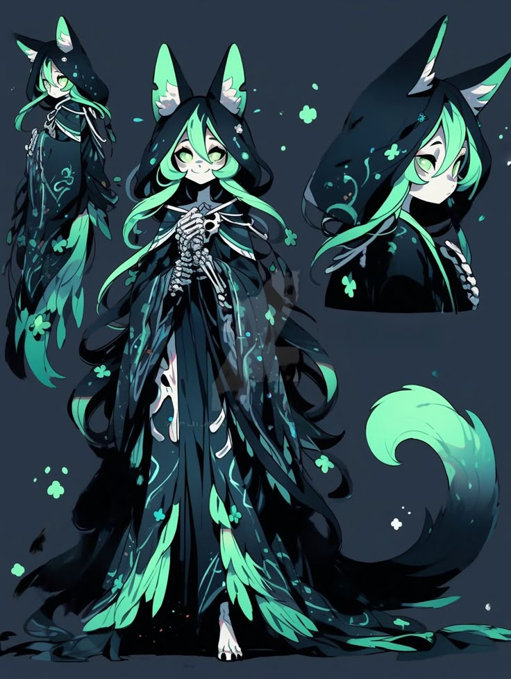 an anime girl with green hair and cat ears wearing a hooded cloak and a long dress with skeletal design. the character has a tail and is shown in three different poses on a dark gray background.
