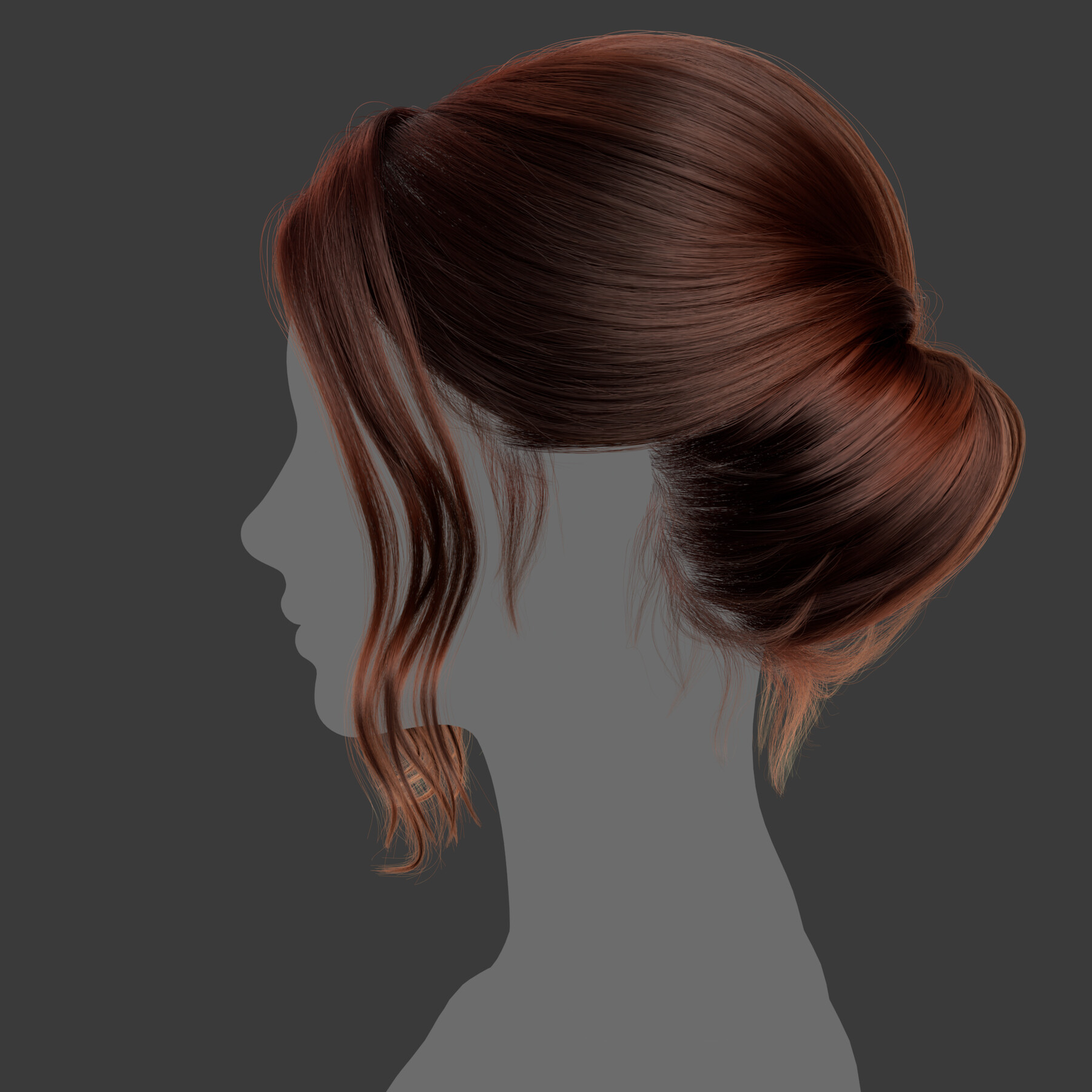 a closeup side view of a woman's hair. it is a long, brown, wavy hair styled in an elegant bun, showcasing a beautiful hairstyle.  the hair is styled in a sleek and classic bun that is perfect for a formal occasion. the model's hair is shiny and healthy, and it looks like it has been professionally styled.