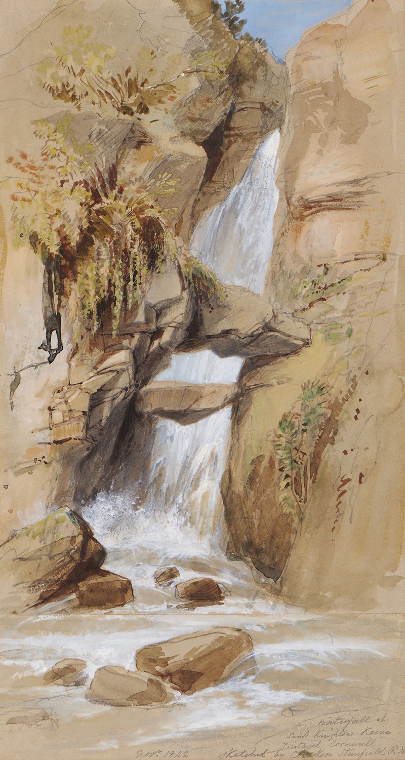 the image is a painting of a waterfall flowing through a rocky landscape. the waterfall cascades down a series of rock formations, with vegetation growing on the rocks. the water flows around rocks in the foreground. the painting is done in a realistic style with a focus on detail and texture.