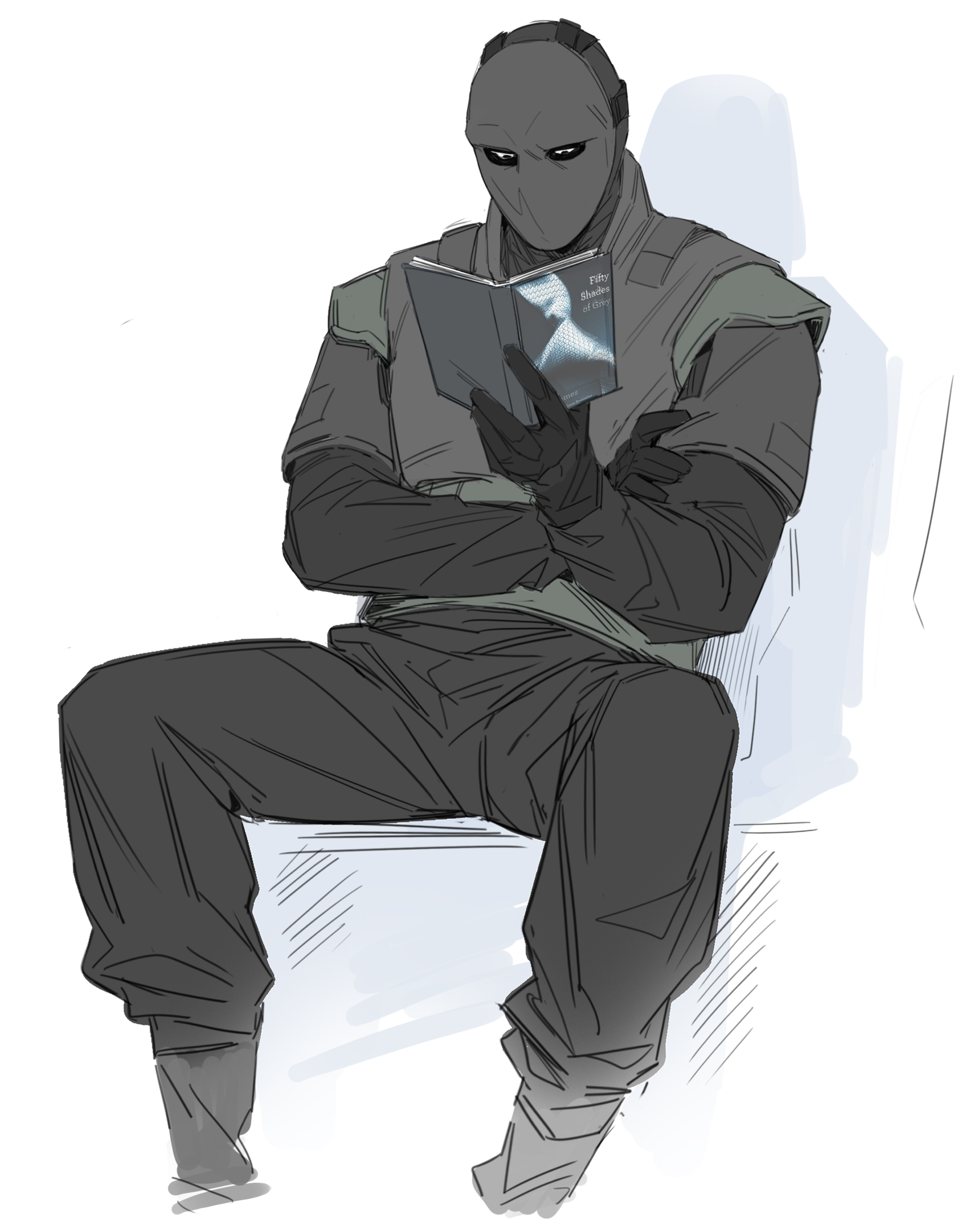 the image is a digital sketch or illustration depicting a masked man, possibly a soldier or mercenary, sitting and reading a book. he is wearing dark, tacticalstyle clothing and a fullface balaclava.  the style is somewhat stylized, leaning towards a manga or anime aesthetic with loose, expressive lines and shading. the background is simple and understated, focusing attention on the figure. the overall mood is calm and contemplative, despite the character's somewhat imposing appearance. the book's title, partially visible, adds a touch of mystery.