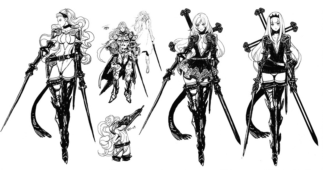 a black and white sketch page of a female warrior character concept. the page showcases different angles and outfit variations, focusing on armor and weaponry. the style is detailed and dynamic, emphasizing the character's strength and agility.