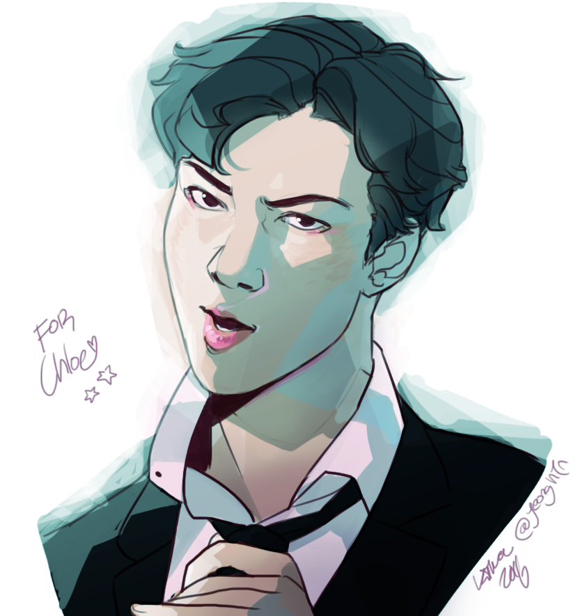 a stylized portrait drawing of oh sehun, a member of the south koreanchinese boy group exo. the drawing emphasizes shadows and light.  the subject is wearing a black suit with an untied tie, with one hand on his collar. the background is white with some teal brush strokes.  the drawing is signed and dated.