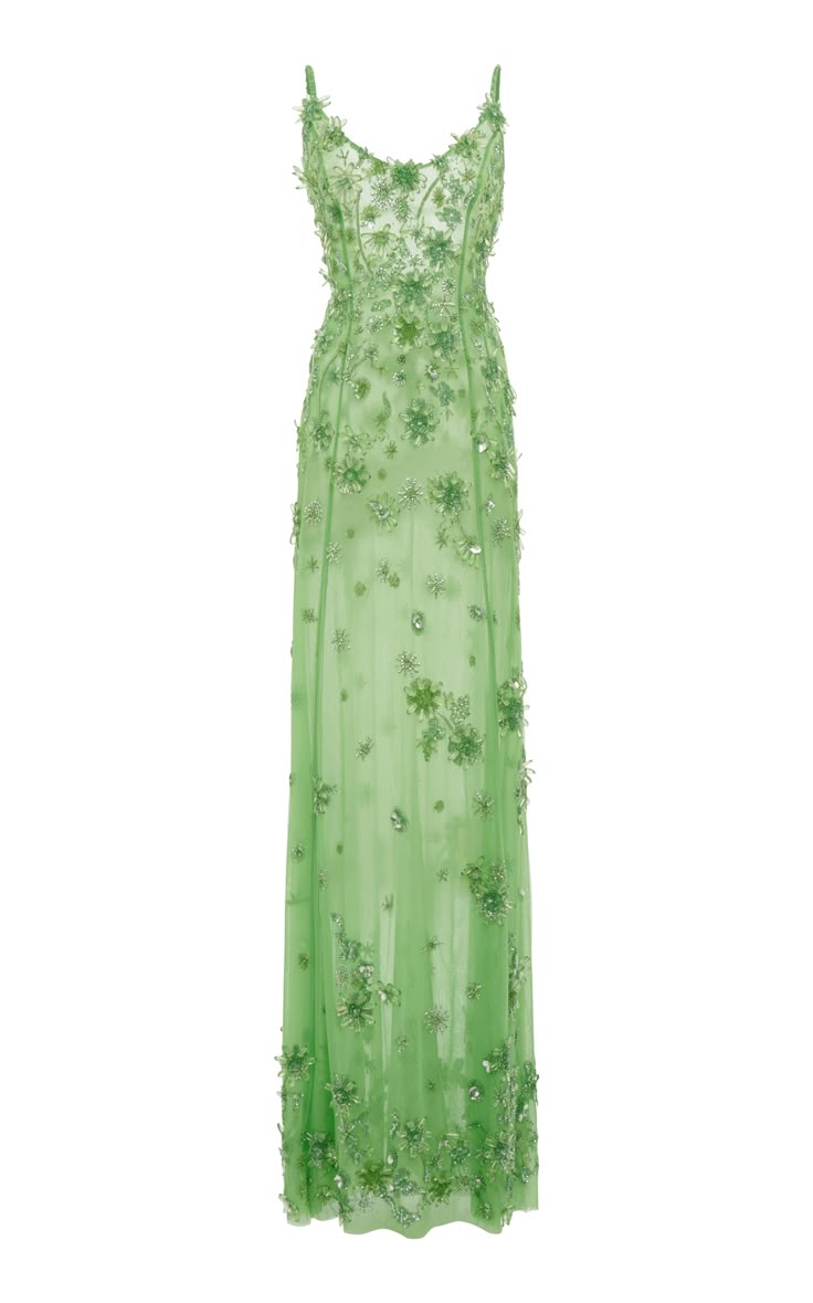 a light green, floorlength gown with spaghetti straps, embroidered with floral designs and sequins, suitable for formal occasions.