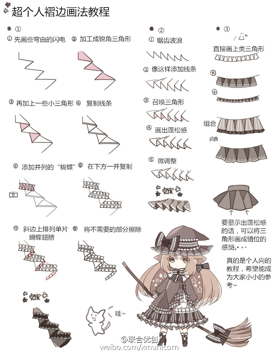 this tutorial shows how to draw a cartoon witch's skirt with pleats. the tutorial features 9 steps with an illustration showing how to add each detail. the steps show how to draw a single pleat, make rows of pleats, add other decorative details, and then put it all together in the finished cartoon skirt. the cartoon witch is shown with a full skirt and is smiling and holding a broom.  the tutorial is written in chinese.