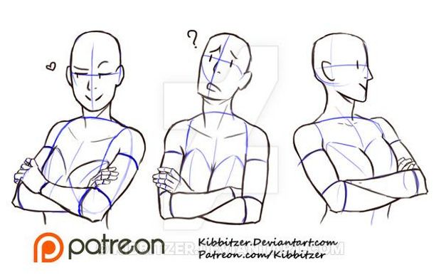 this image shows 3 drawings of female anime characters with their arms crossed in different poses. the drawings are in black and white and show a basic outline of the figure, including the arms and hands. the characters are all depicted with a slight smile on their faces. the drawings are labelled with the artist's website and social media account.
