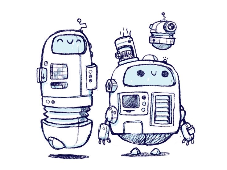 a digital illustration of three cute cartoon robots standing together. the robots are drawn in a simple, doodle style, with blue outlines and white bodies. they have big, round eyes and happy expressions. one robot is tall and skinny, with multiple layers. the other two robots are short and round. one of the round robots has a smaller, round robot on top of its head. they are all smiling and look like they are friends.