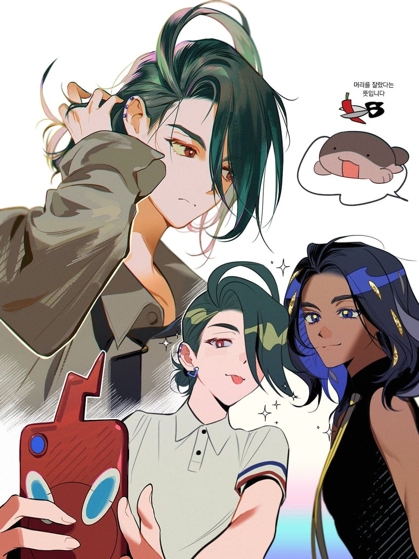 the image shows three anime characters in a closeup portrait composition. the characters are stylized with vibrant hair colors, trendy fashion, and piercings. one character is taking a selfie with a uniquely designed red phone. the background is white with additional graphic elements like speech bubbles and sparkles.