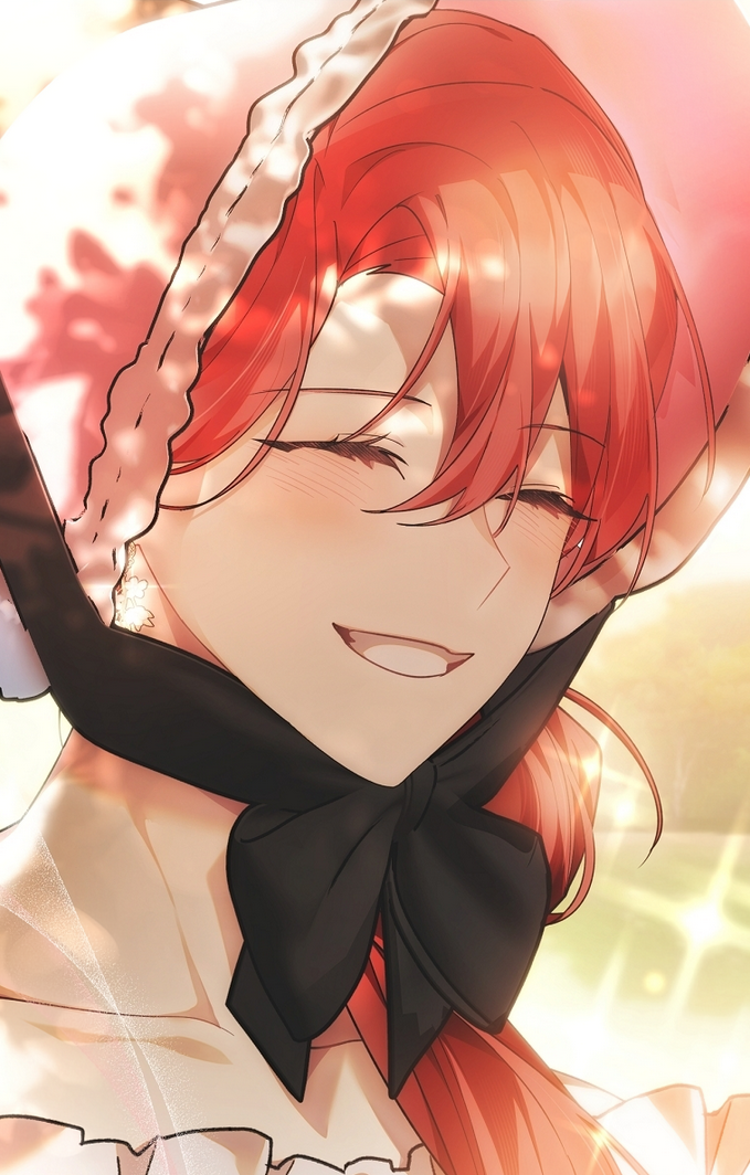 a smiling, redhaired anime girl is shown from the chest up. she is wearing a pink bonnet with white lace trim and a black ribbon tied at her neck. the background is a soft, dappled yellow and green, suggesting a sunny outdoor setting. her eyes are closed in a happy expression, with light reflecting off her hair and skin.