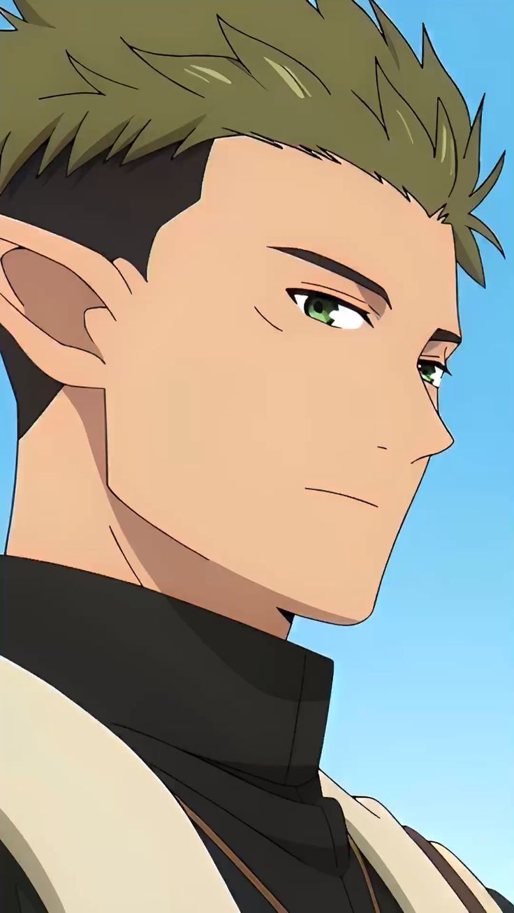 the image shows an anime male character with green hair and green eyes. he is wearing a black shirt with a white collar. he is looking away from the camera and has a serious expression on his face. the background is a blue sky.