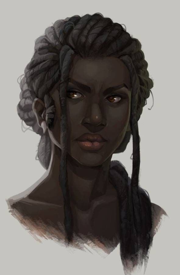 the image is a digital painting depicting a closeup portrait of a darkskinned woman with long, dark dreadlocks that are styled in intricate braids. her expression is serious and intense, her gaze directed forward. she has strong facial features and appears confident. she wears a small earring, visible on one ear. the painting style is painterly, with visible brushstrokes, giving it a textured look. the background is plain and muted, drawing focus to the woman's portrait. the overall mood is one of strength and quiet determination.
