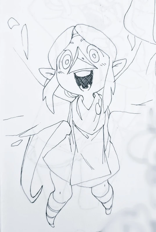 this is a black and white drawing of a cute anime girl with long hair, wearing a dress, smiling and holding her hand out to the side. the girl is looking happy and cute. it is a simple drawing, but with a lot of detail and emotion.