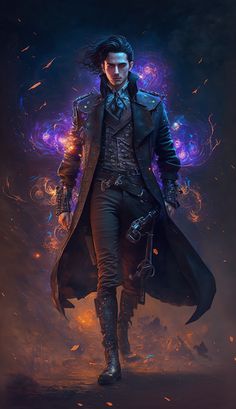 a lone figure strides confidently through a shadowy battlefield. bathed in dramatic, volumetric lighting, the man exudes an aura of dark magic.  purple and orange magical effects swirl around him, highlighting his long black coat, intricate waistcoat, and determined expression. the environment suggests a scene of destruction and chaos, with burning embers and ruined structures in the background.  the overall mood is one of dark fantasy, power, and mystery.