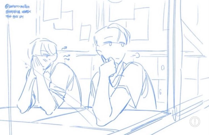 a sketch of two boys in a classroom setting. they are both sitting at a table, one boy is looking down in thought with his hand on his chin, while the other boy is looking towards the side in a similar thought.  the sketch is done in a light blue color, giving the impression of it being a draft.