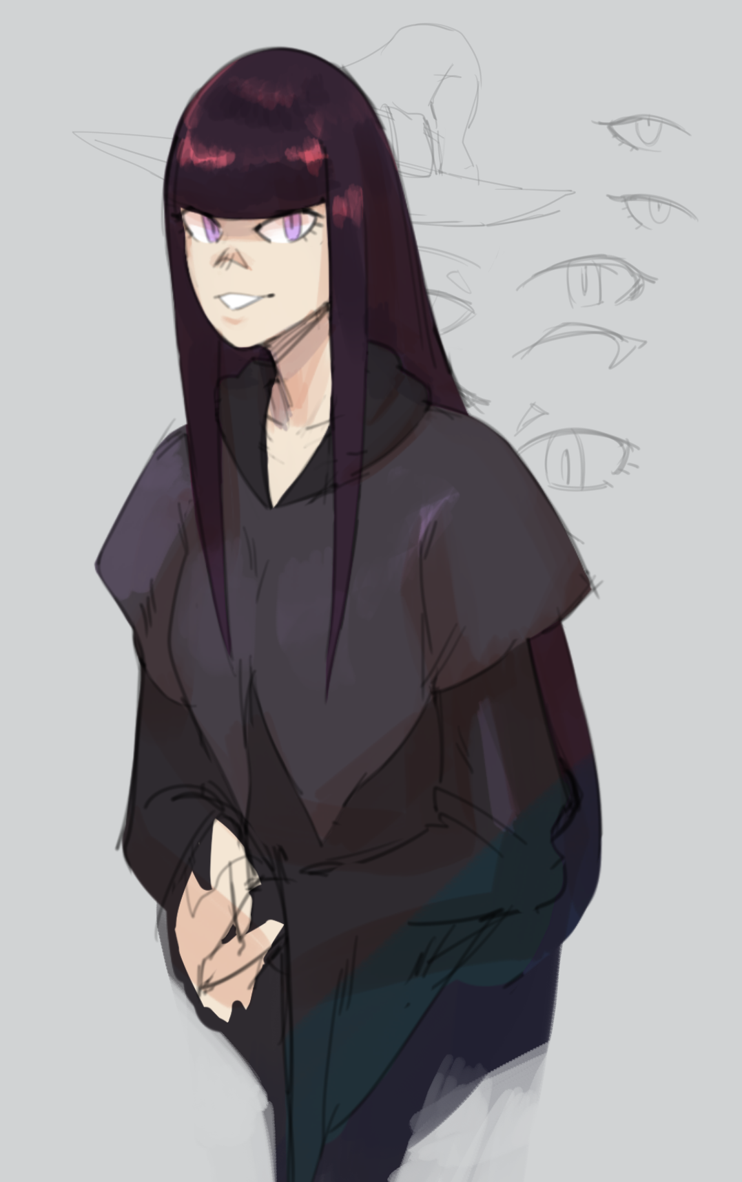 a digital drawing of a young woman with long black hair and purple eyes. she is wearing a dark hooded jacket. she looks confident and mysterious with her multiple eyes hidden behind her. the woman has a serious expression. the drawing is done in a manga style.