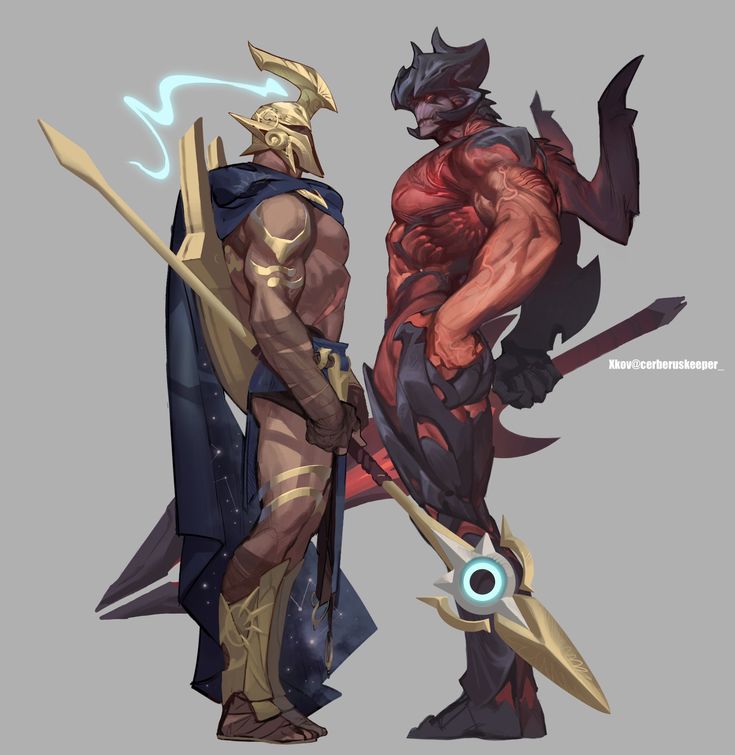 he image showcases a digital painting of two male characters, seemingly representing opposing forces.  one, a muscular figure in golden armor with celestial details on his cape, carries a spear, embodying a godlike or heroic presence.  the other, a demoniclooking character clad in red armor with sharp, angular features, exudes a sinister, powerful aura. the two figures are positioned sidebyside, facing each other, creating a strong visual contrast in their designs and color palettes.  the artwork has a dynamic composition with dramatic lighting, highlighting the muscular physiques and details of the characters' armor. the style suggests fantasy art, possibly inspired by greek mythology given the appearance of the golden warrior. the artist's signature, "kkov@cerberuskeeper," is subtly placed in the artwork.