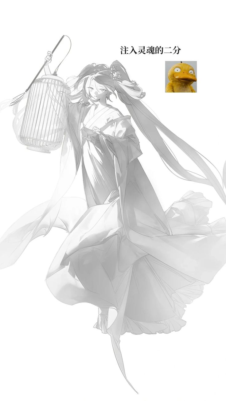 this is a digital illustration of an anime girl with long flowing white hair. she is wearing a white dress and holding a bird cage. the background is a simple black and white.