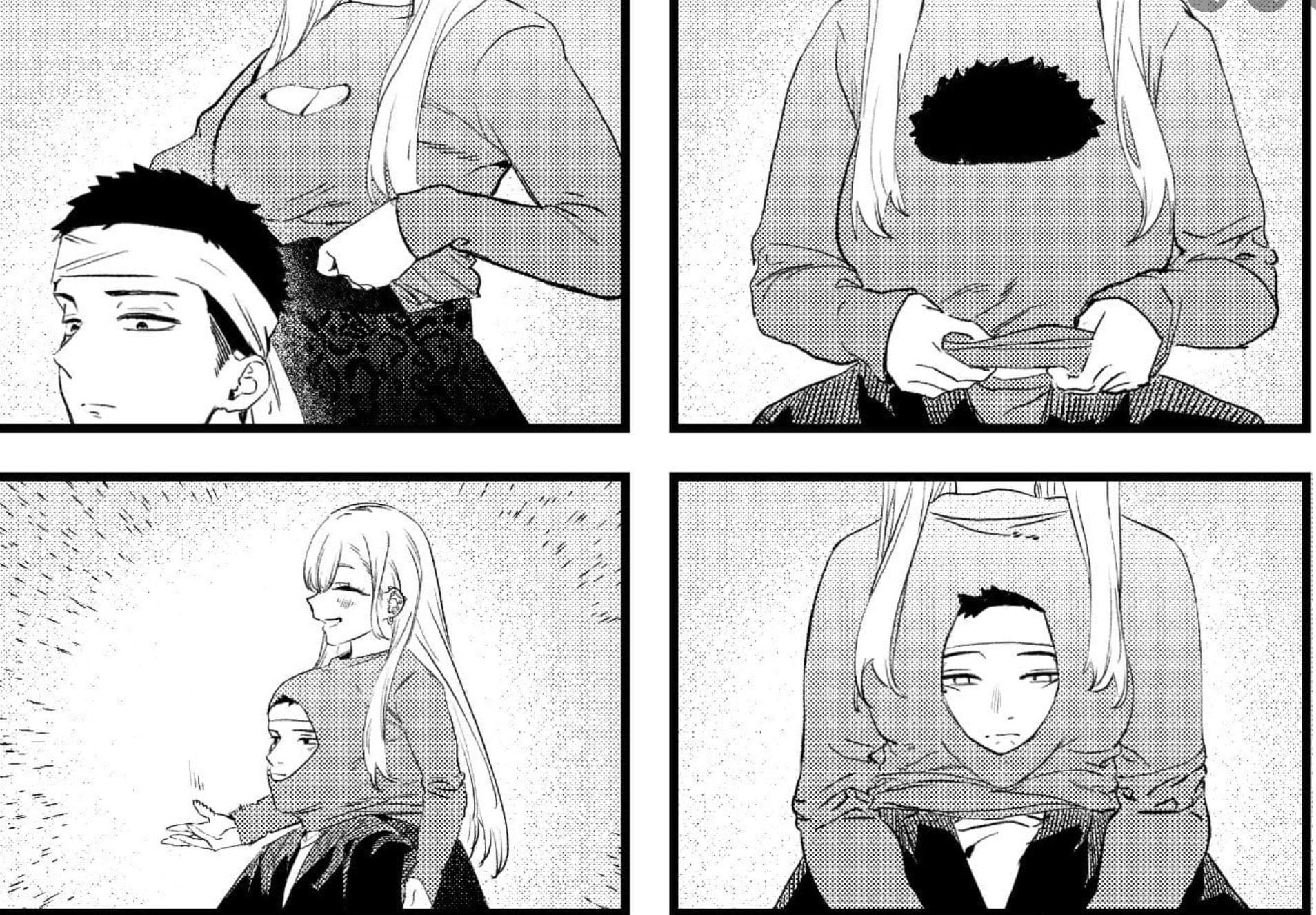 the image shows a series of 4 manga panels depicting a funny and endearing relationship between a young man and woman. the first panel shows the woman holding the man's head in her sweater, while the second panel shows her pulling the sweater off, and the third panel shows the man's head completely inside the sweater. the last panel shows the man with his head inside the sweater, smiling and looking up. the panels are all drawn in black and white and have a comic style, making the scene lighthearted and amusing.