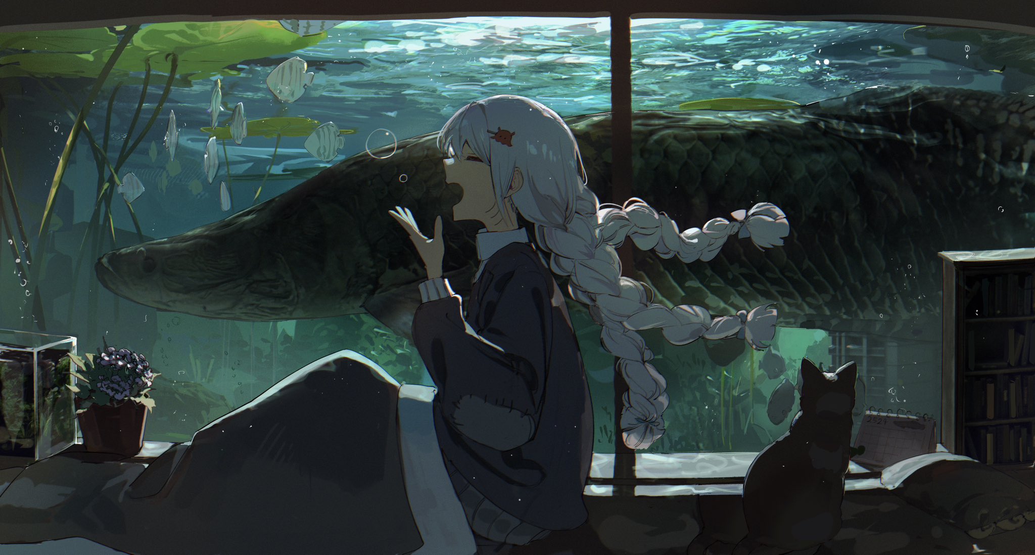 he image is a digital illustration depicting an animestyle girl with long white braids sitting by a large aquarium window. the aquarium contains a massive arapaima fish, various other fish, and aquatic plants.  the girl appears to be mesmerized by the scene in the aquarium and is looking up with her mouth slightly open. a black cat sits beside her on the windowsill. the room is dimly lit, and a bookshelf is partially visible in the background. the overall mood is serene and peaceful, with a touch of fantasy and mystery. the art style is detailed and evocative, with a focus on atmosphere and mood.