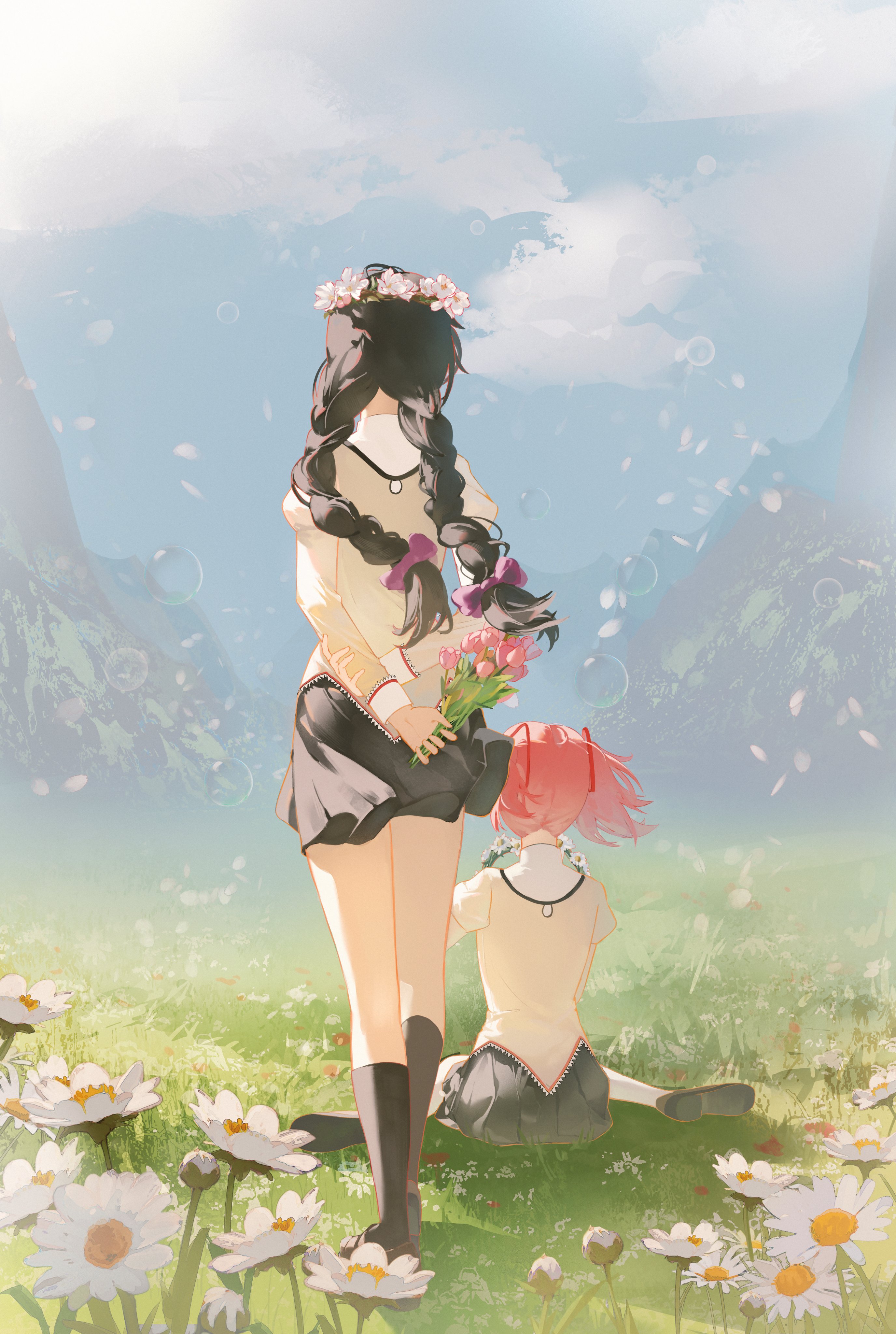 the image is an animestyle artwork depicting two girls, likely madoka kaname and sayaka miki from puella magi madoka magica, standing in a sunlit field of daisies.  the girl in the foreground wears a flower crown and holds a bouquet of tulips. both girls are wearing their school uniforms.  the background features rolling green hills and mountains under a soft, light sky. the overall atmosphere is peaceful and nostalgic, suggesting a moment of friendship and reflection. the art style is soft and dreamy with pastel colors.