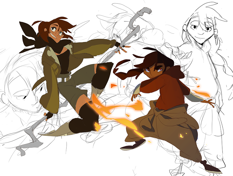a digital illustration featuring two anime style female characters. the character on the left is holding a stick with flames coming from its tip.  both characters have dark hair and are positioned in a fighting stance. there are sketches of other characters in the background, indicating this is a concept design.  the art style is colorful and detailed, with dynamic lines and shapes, creating a sense of energy and motion.  the characters appear to be ready for action, their expressions and poses conveying a sense of power and determination.