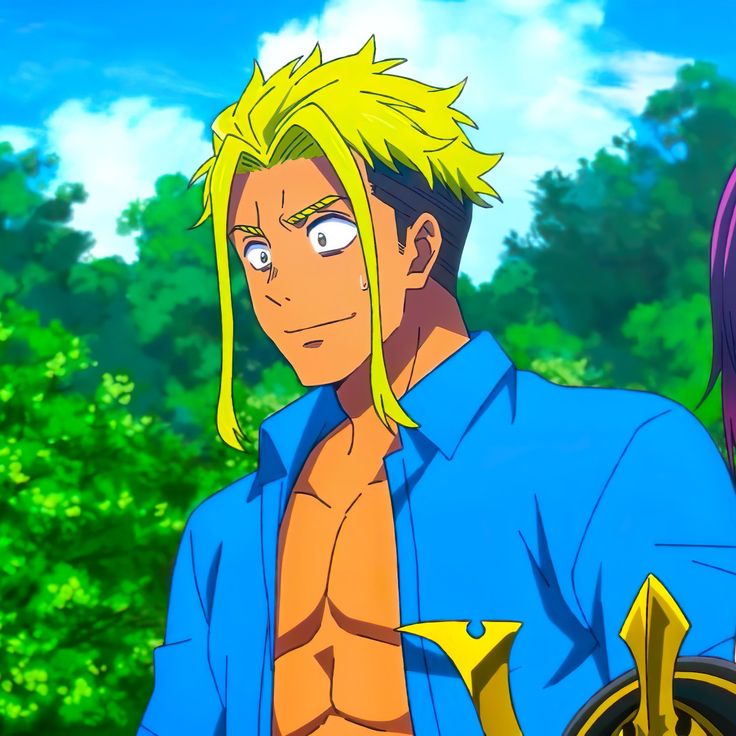 this is a cartoon image of an anime man with blond hair and a blue shirt. he is smiling and looking forward. the background is a green forest and blue sky with clouds.
