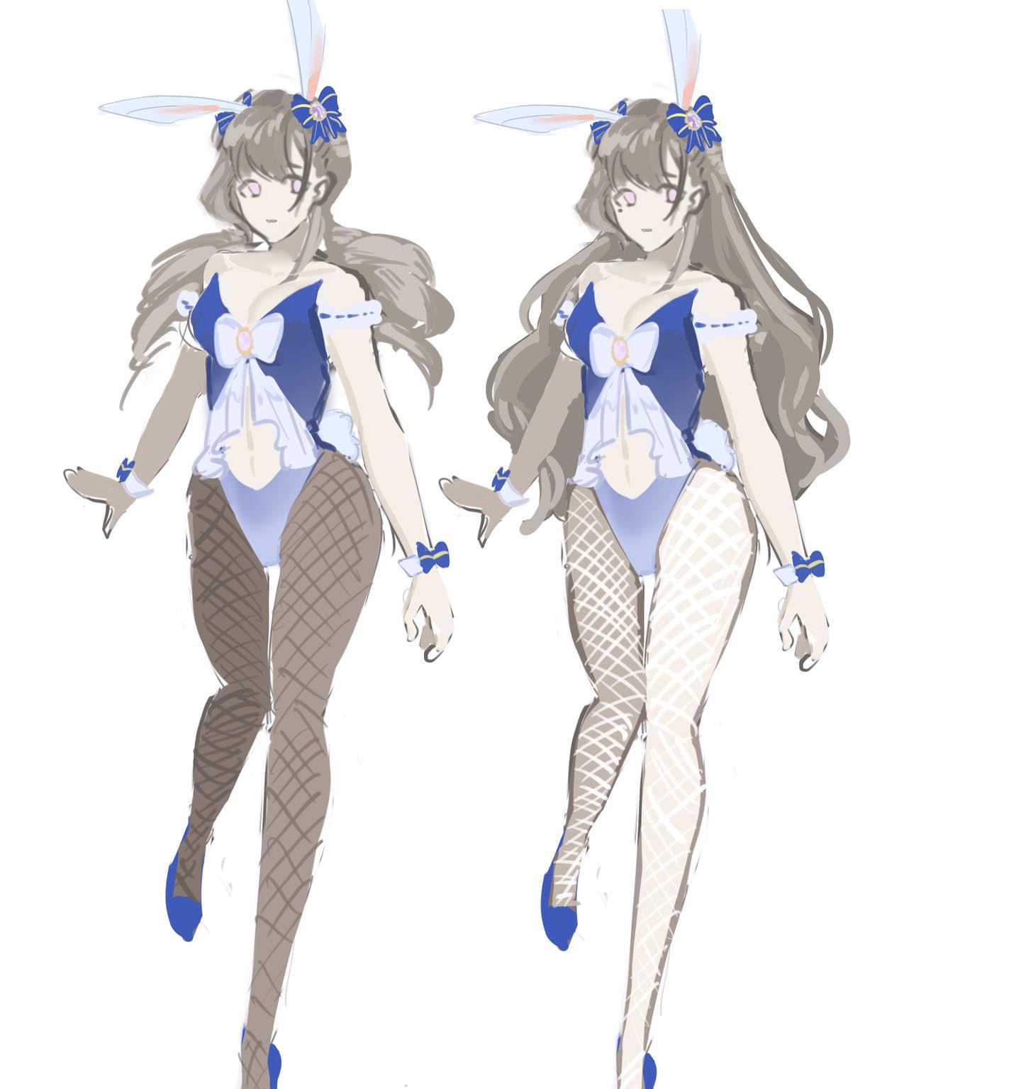this is a digital illustration of two anime girls, one with brown stockings and one with white stockings. they are both wearing bunny costumes, with blue and white details. they are both posed in a similar way, with their legs crossed. the girls have long brown hair with blue ribbons.